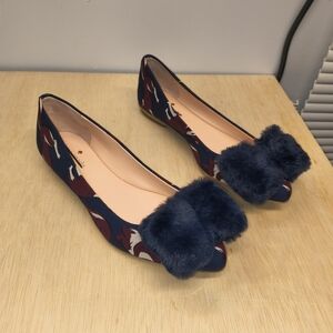 Kate Spade Elen Navy Satin Fluffy Bow Fox Flats Size 7M